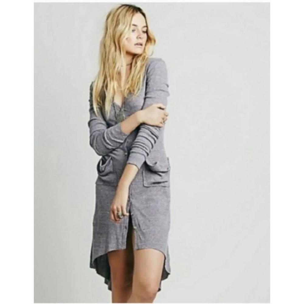 Free People Beach Gray Ribbed Up Maxi Cardigan Knit High Low Longline Sweater XS